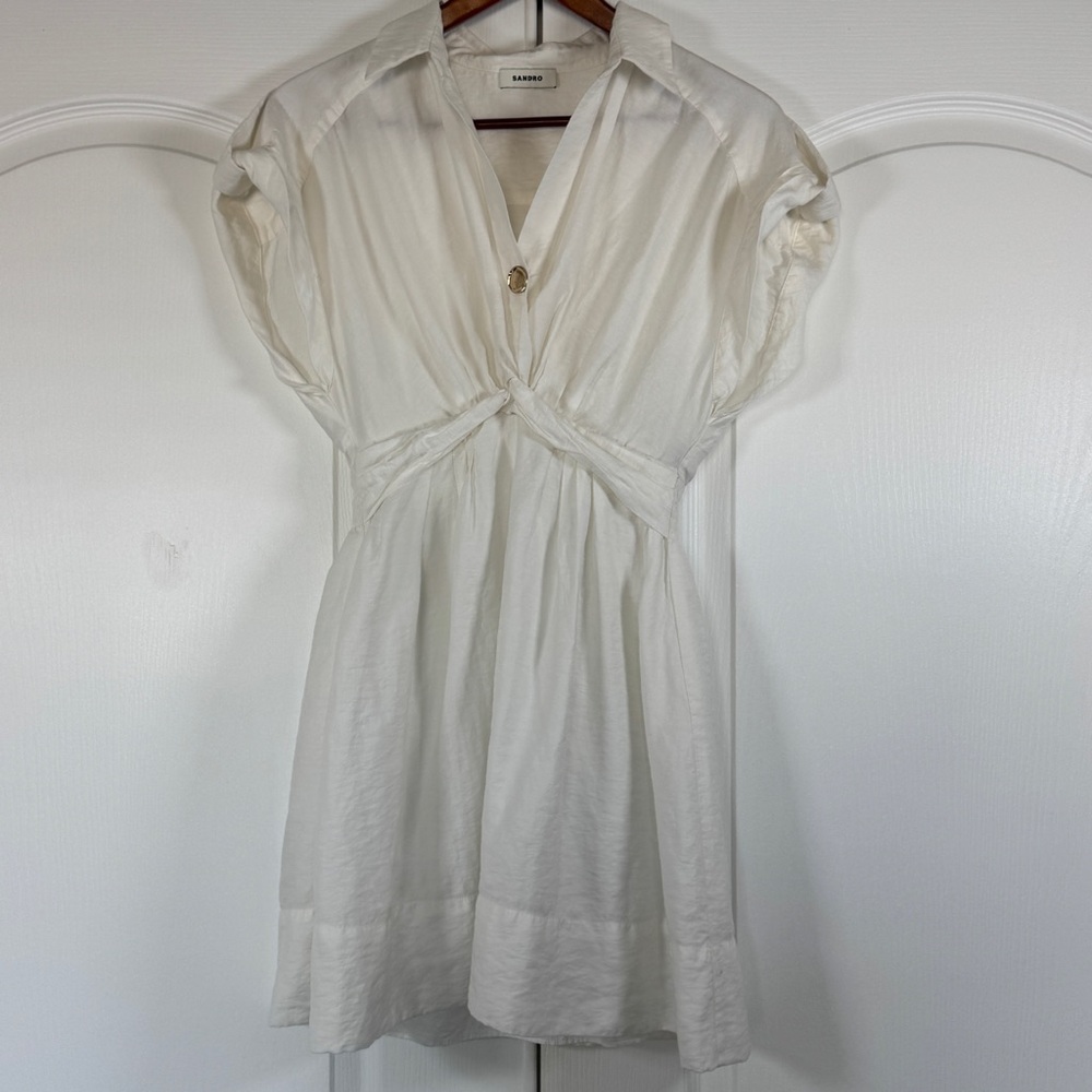 Sandro White Sigrid Twist Front Mini Shirt Dress Size 34 FR US 2 - Picture 2 of 9